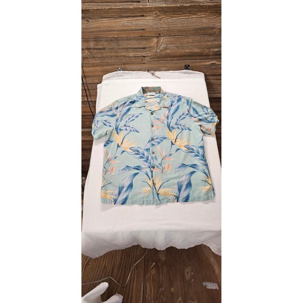 Caribbean Pure Silk Mens XL Tropical Bird of Paradise Camp Shirt Sage Blue XL